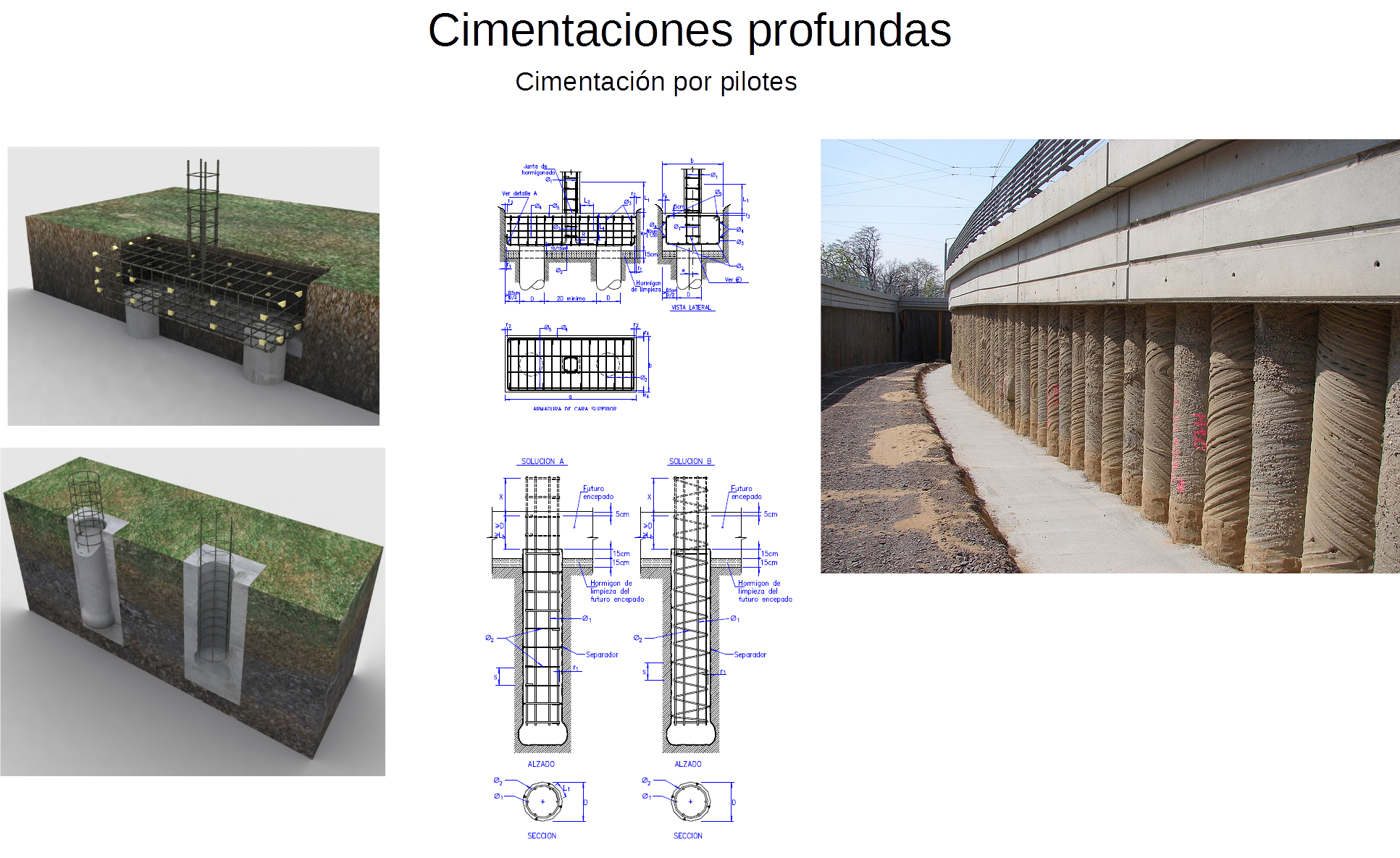 Montaje con dibujos, detalles y fotos de cimentaciones profundas.
